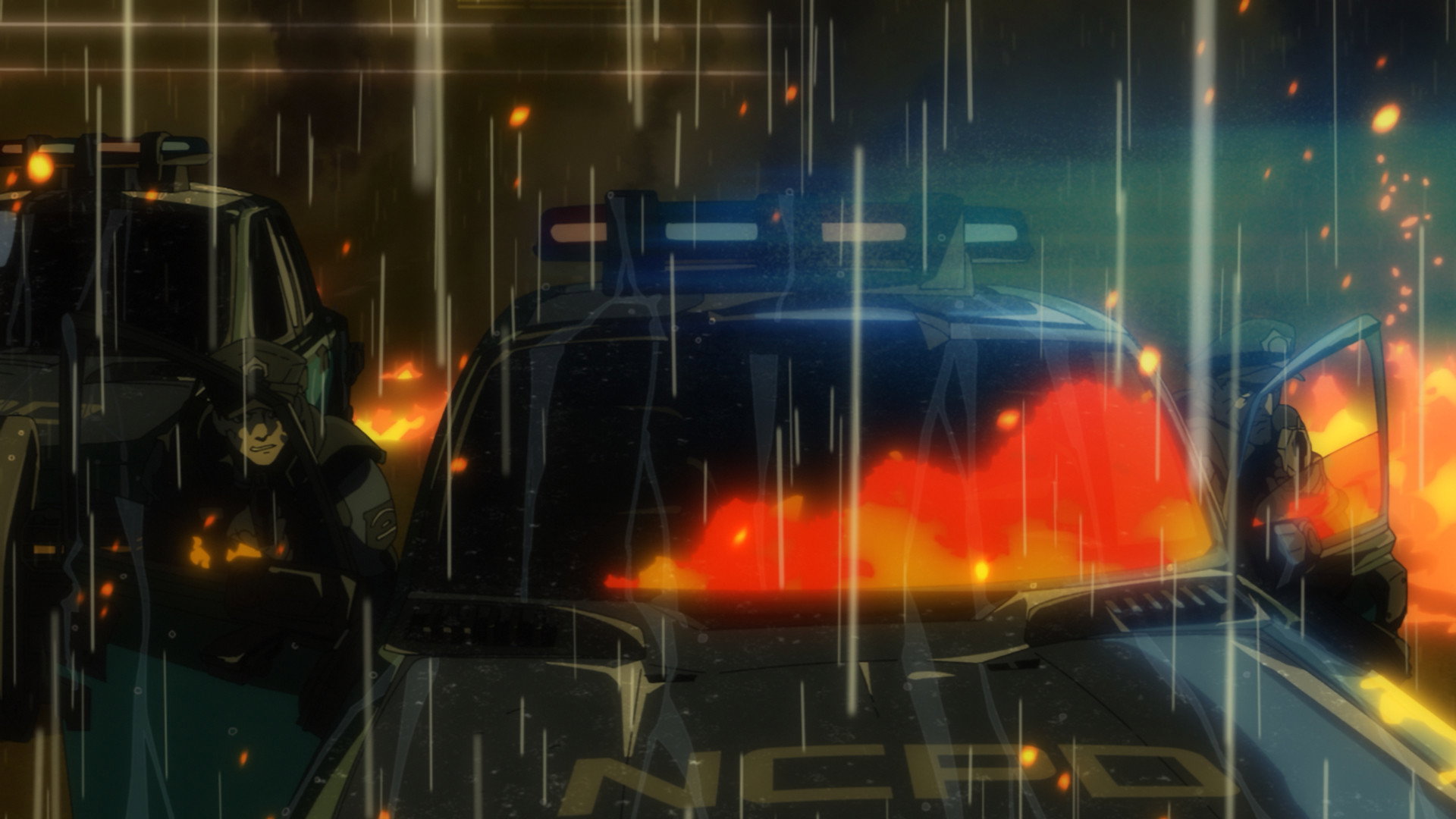 「Cyberpsycho」片段中,暴雨裡燃燒的 NCPD 警車與失控的槍火。(來源:The Movie Database, TMDB)